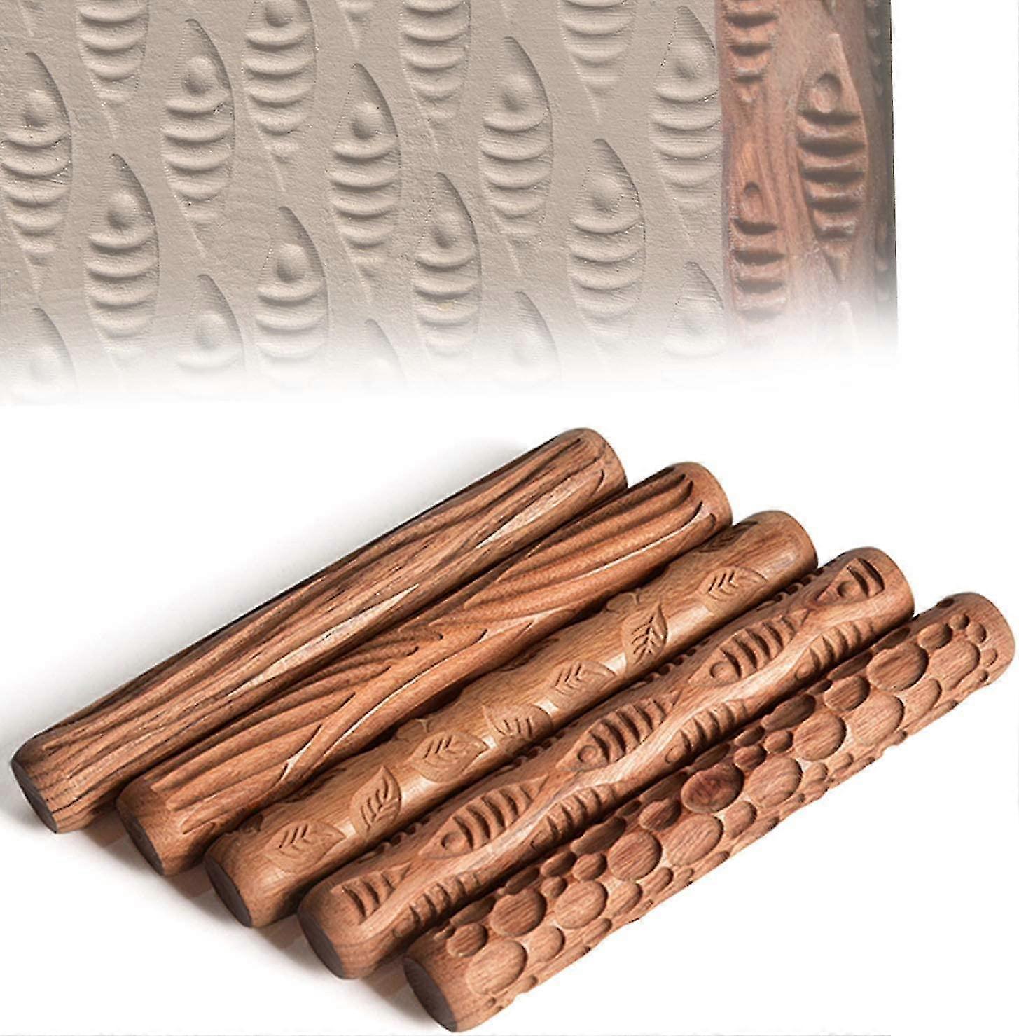 5PCS Pottery Tools Wooden Hand Rollers For Clay Stamp Pattern Roller, Handle Pottery Tools Clay Modeling Pattern Roller Kit Gift