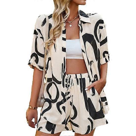 2 Pcs/Set Women Shirt Shorts Set Color Matching Print Lapel Loose Single-breasted Short Sleeve Drawstring Elastic Waist Casual Top Shorts Set