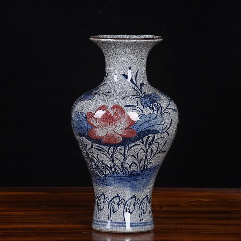 Antique-Style Blue & White Underglaze Red Lotus Vase