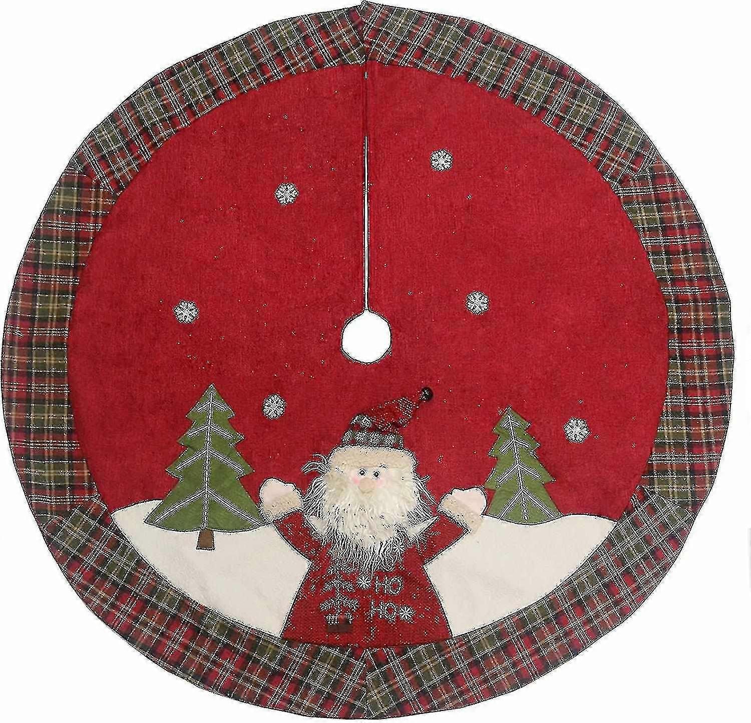 48" Christmas Tree Skirt Double-layer Design Santa Pattern Burlap Christmas Tree Skirt With Buffalo Plaid Edges For Xmas Holiday Decorations (plaid) -