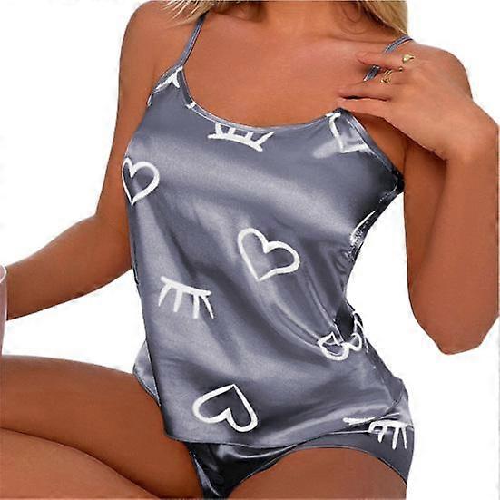 2Pcs/Set Spaghetti Strap Sleeveless Elastic Waist Loose Fit Pajama Set Women Heart Print Smooth Satin Vest Shorts Set