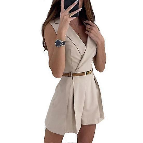 Lady Summer Romper Turn-down Collar V Neck Pleated Sleeveless Slim Fit OL Commute Formal Style Soft Above Knee Length Romper