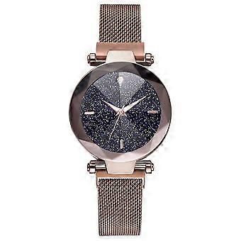 Mode Femmes Quartz Montre-bracelet Aimant Bouton Maille Bracelet Montre-bracelet Cadran Rond Alliage (Café)
