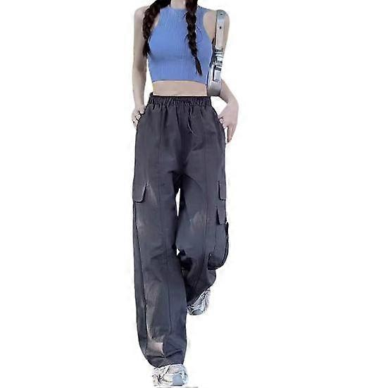 Pants Elastic High Waist Adjustable Drawstring Long Trousers Solid Color Wide Leg Multi Pockets