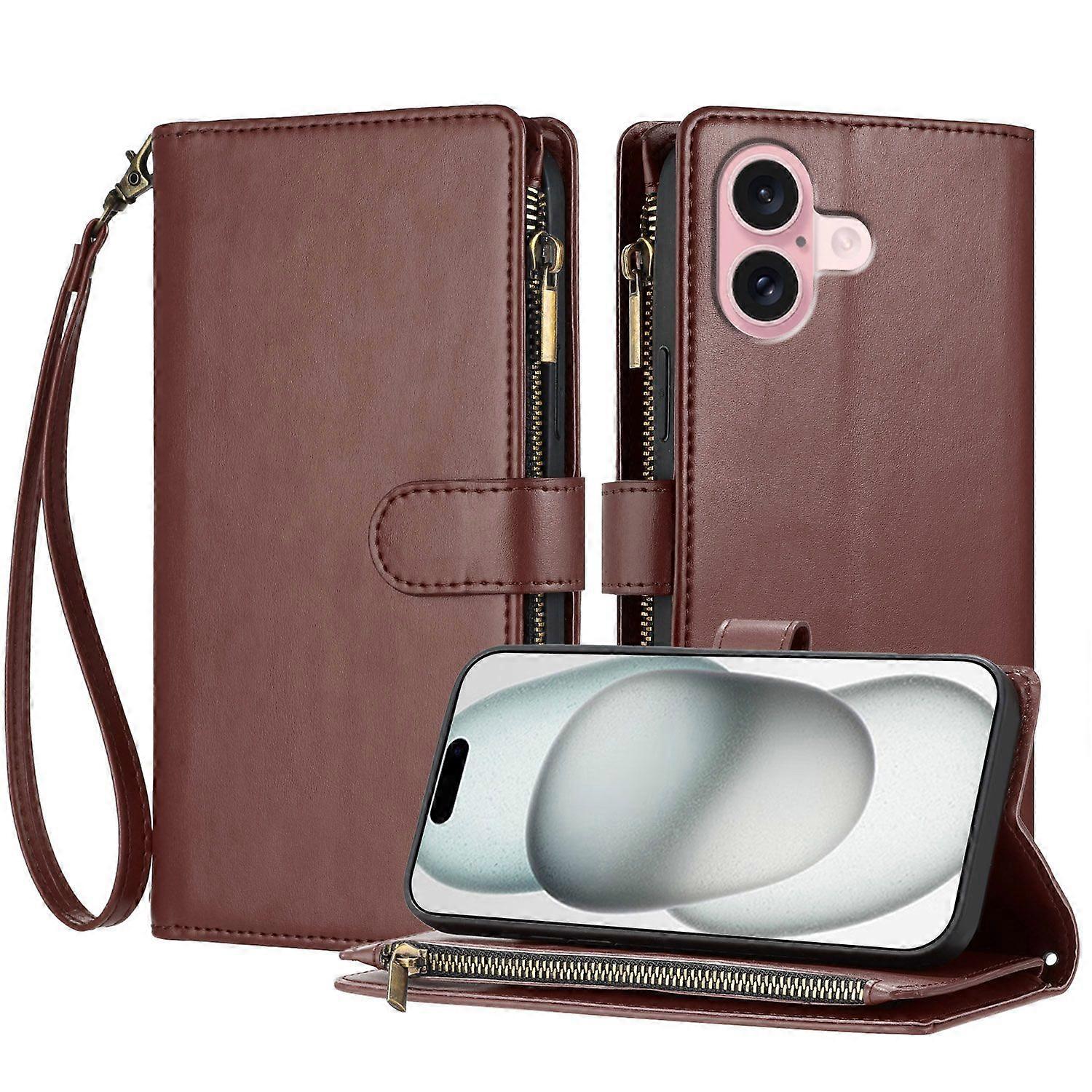 Compatible With Iphone 16 Wallet Case,Buckle Flip PU Leather Shockproof Protective Phone Cover-Brown