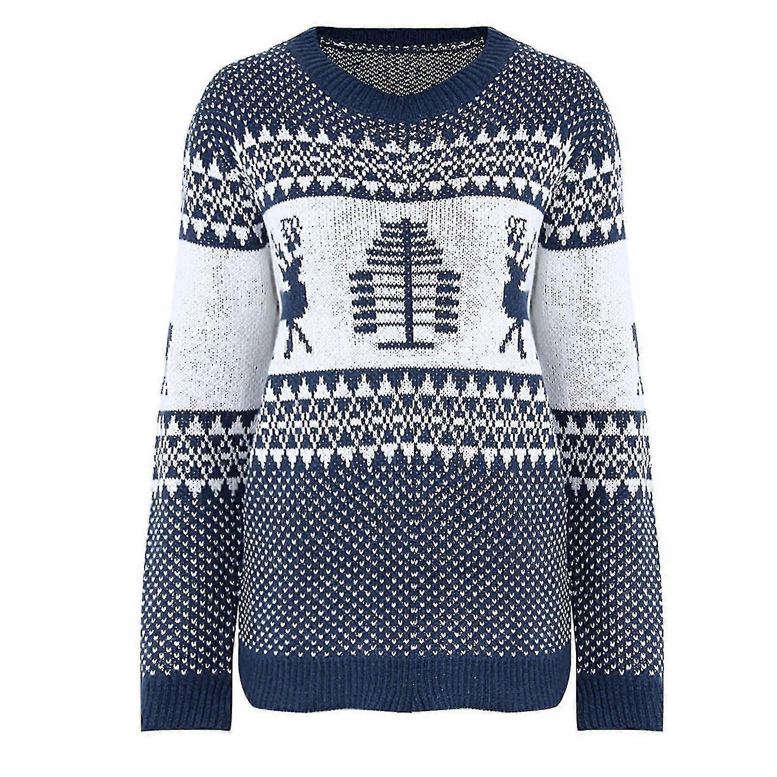 Pull de Noël pour femme, motif sapin de Noël, cerf, chaud, tricoté, col rond