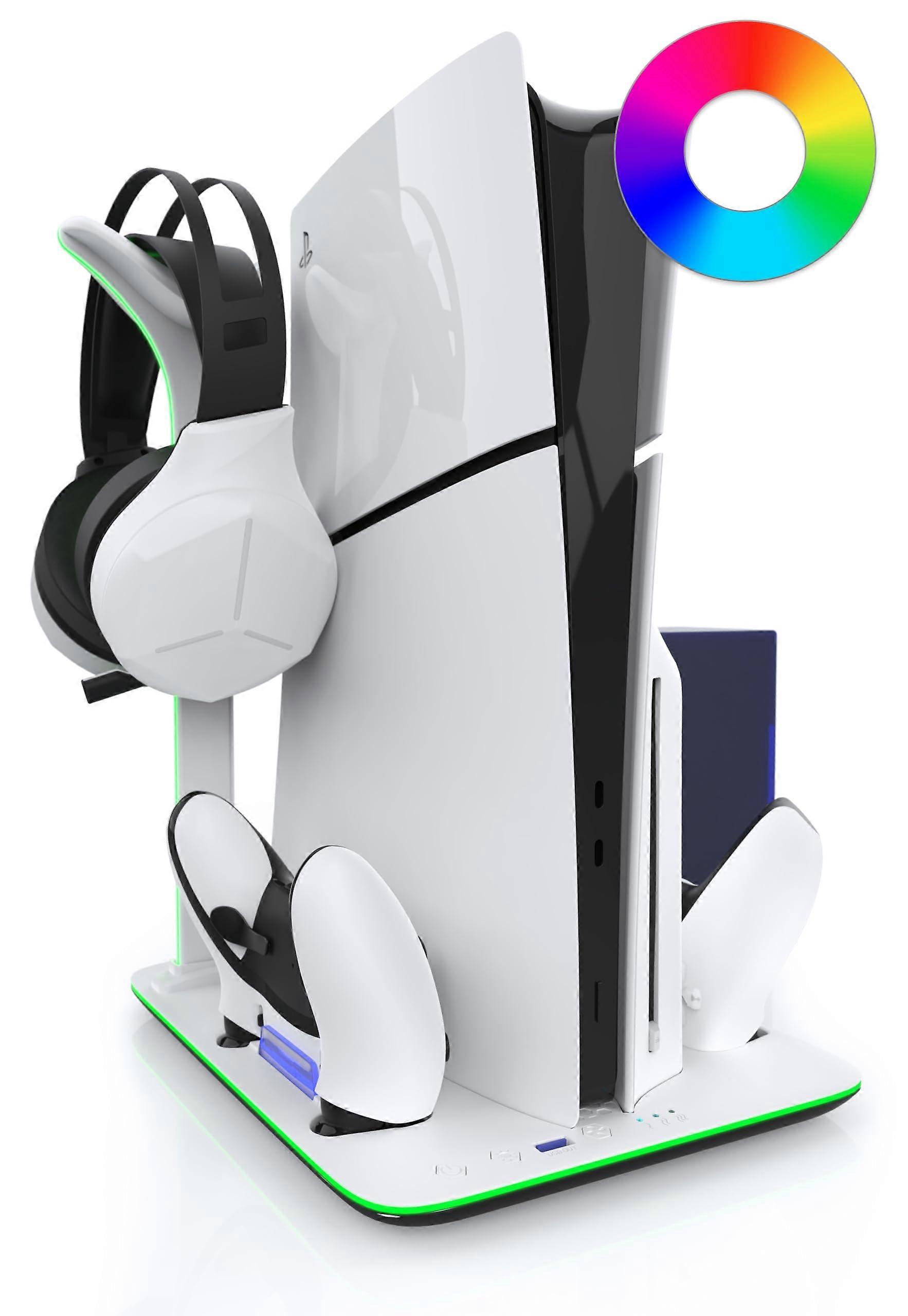 PS5 Slim Vertical Stand with Cooling System, Magnetic RGB Lights, Headphone Hook, and Dual Controller Charging Station
