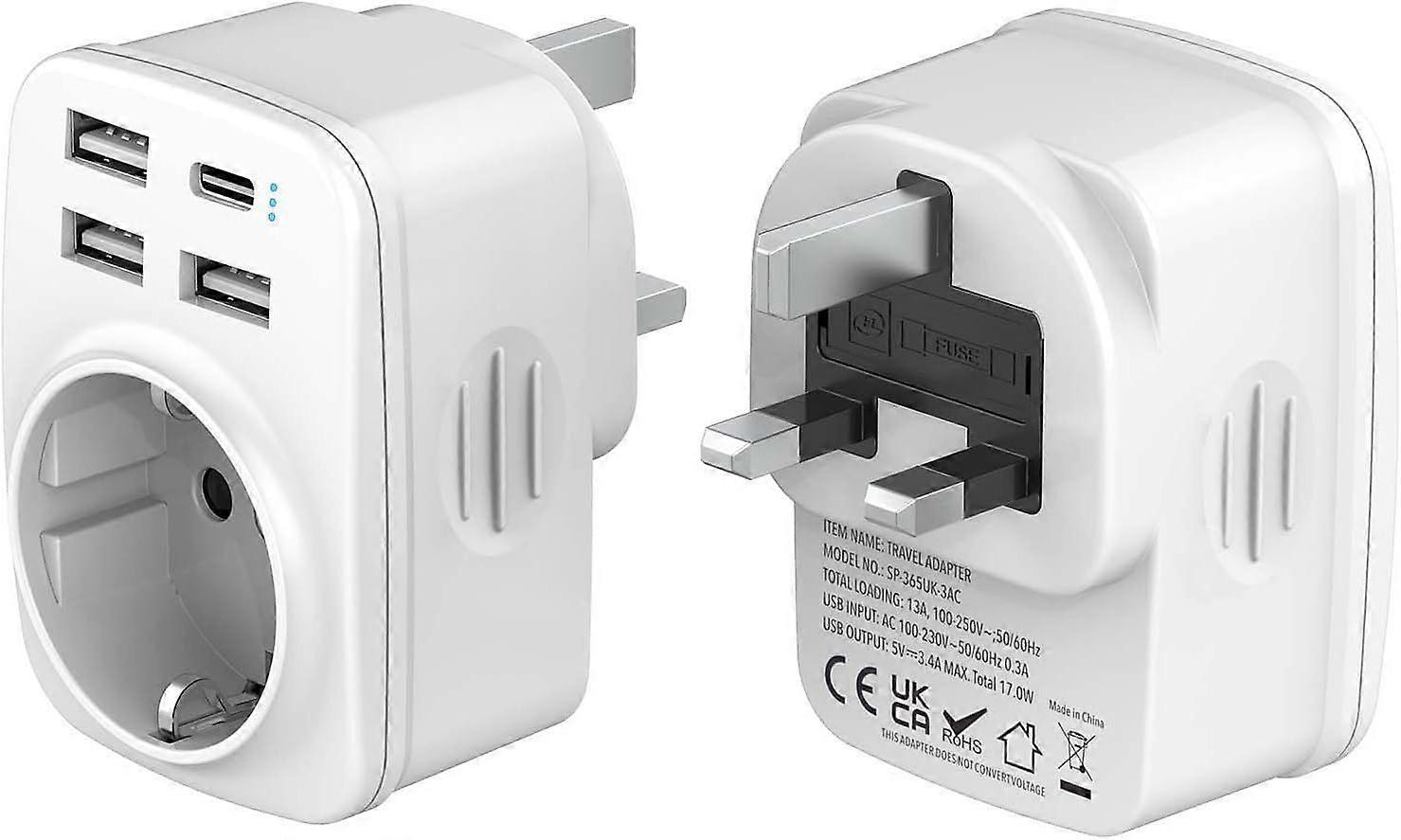 UK France Plug Adapter,  3 USB A-1 USB C, 5 in 1 Multi-function Adapter Plug