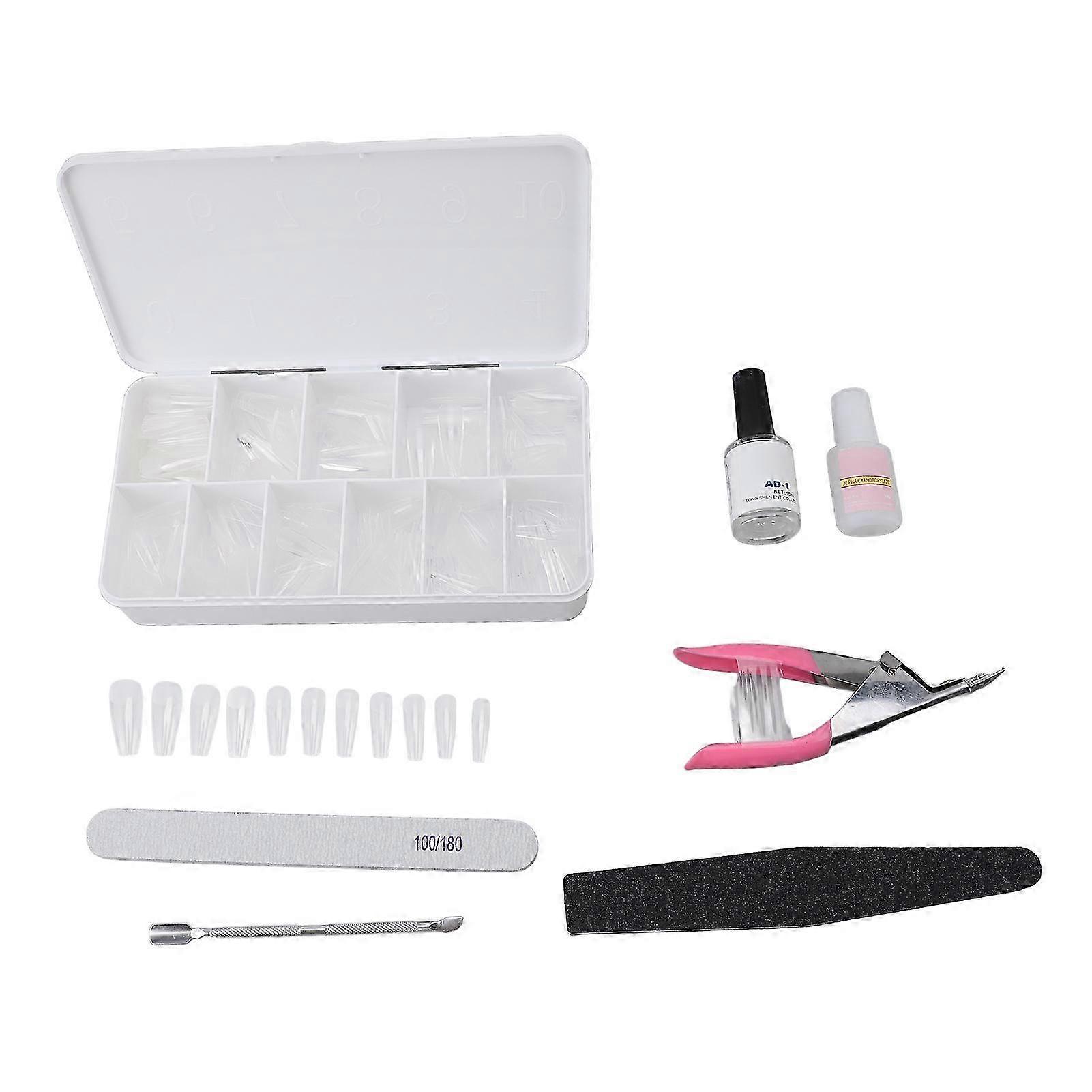 2025 550PCS Long Clear Coffin Tips Set Press On Nails Extension Kit with Glue Buffer Polisher File Nail Clipper Cuticle Pusher