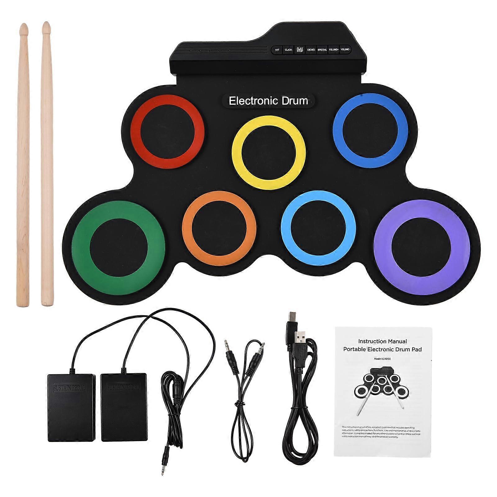 Portable Electric Drum Set 7 Pads with Headphone Jack, Pedals, Drumsticks, Practice Pad Kit for Gift, No Speaker