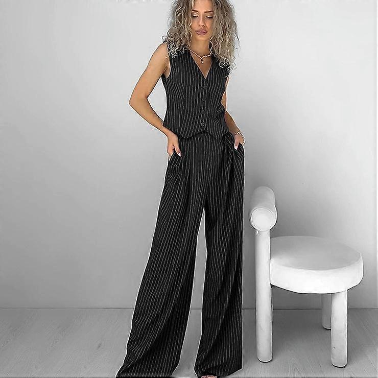 Women Spring Summer Office Pant Set Striped Khaki Outfits V Neck Two Piece Matching Suit Set