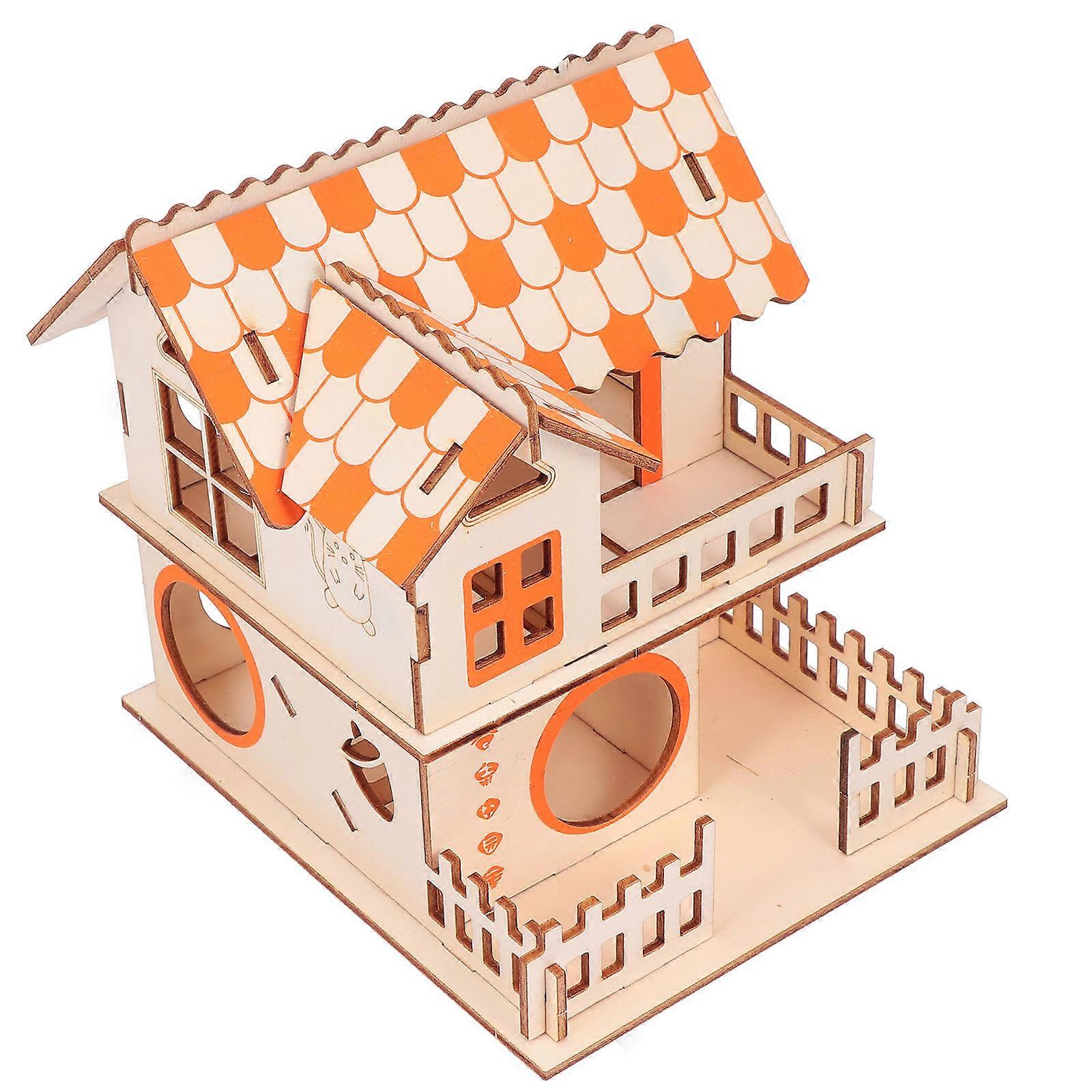 Wooden House Toy Set for Small Pets Made of Composite Material Orange Color Safe and Durable