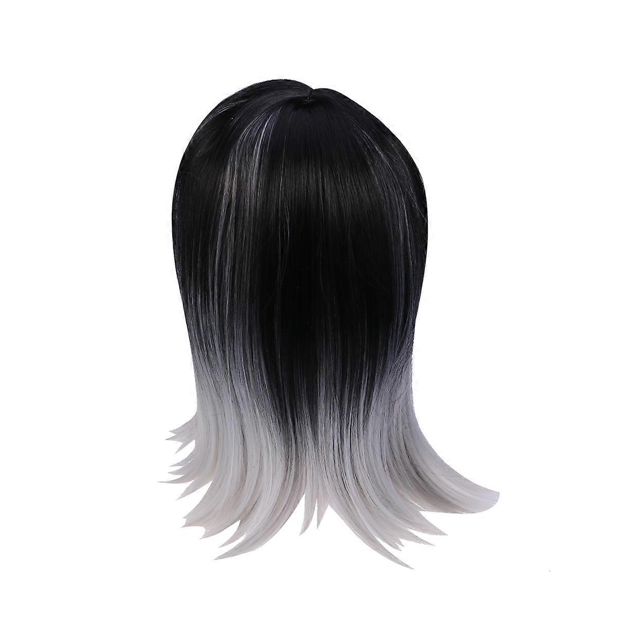 Synthetic High Temp Resistant Shoulder Length Straight Wig for Women – Two Tone Black & Light Gray, Adjustable Mesh Cap, Natural Look & Comfort Fit