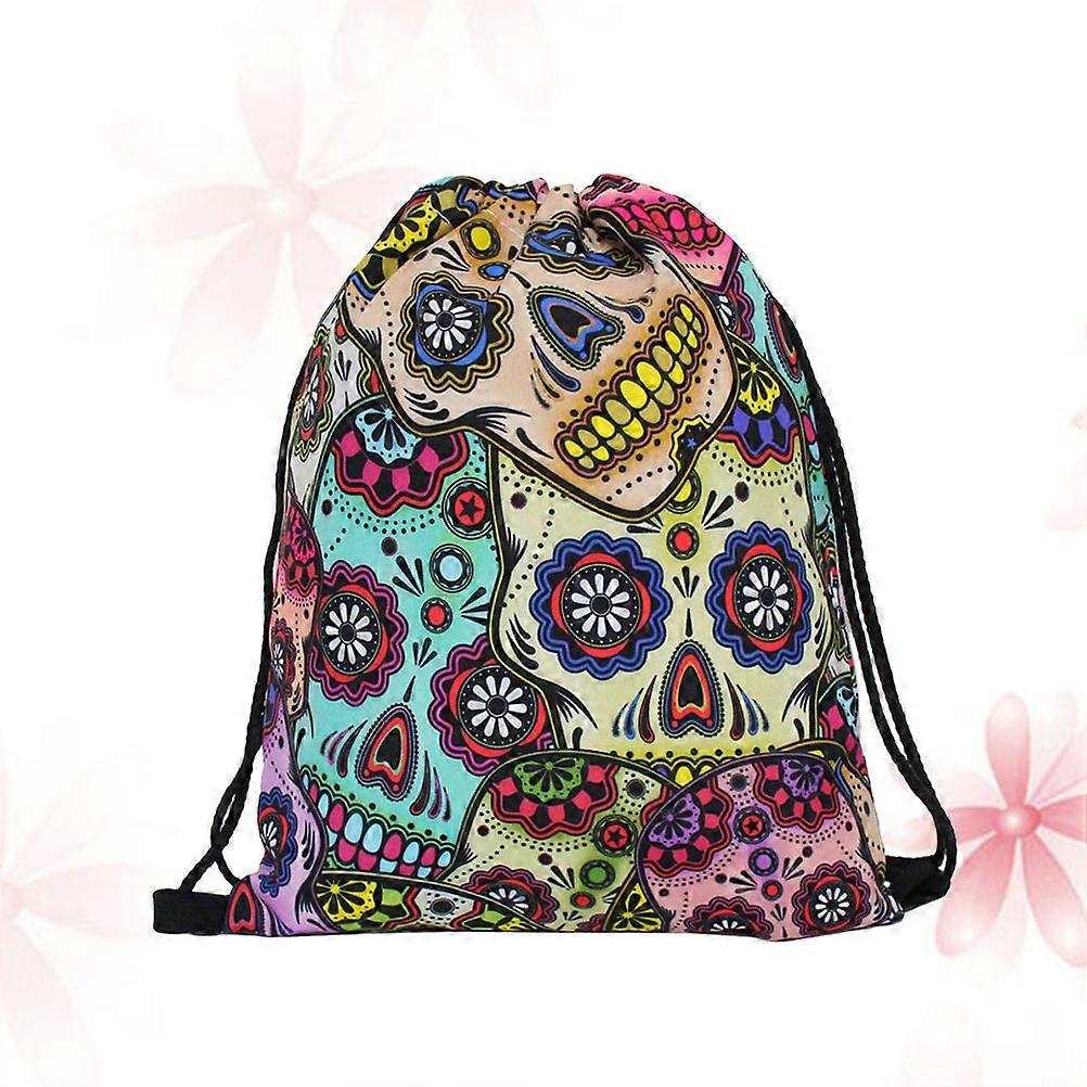 Drawstring Bag Skull Printing Rucksack for Gym Use Medium Polyester 1Pcs