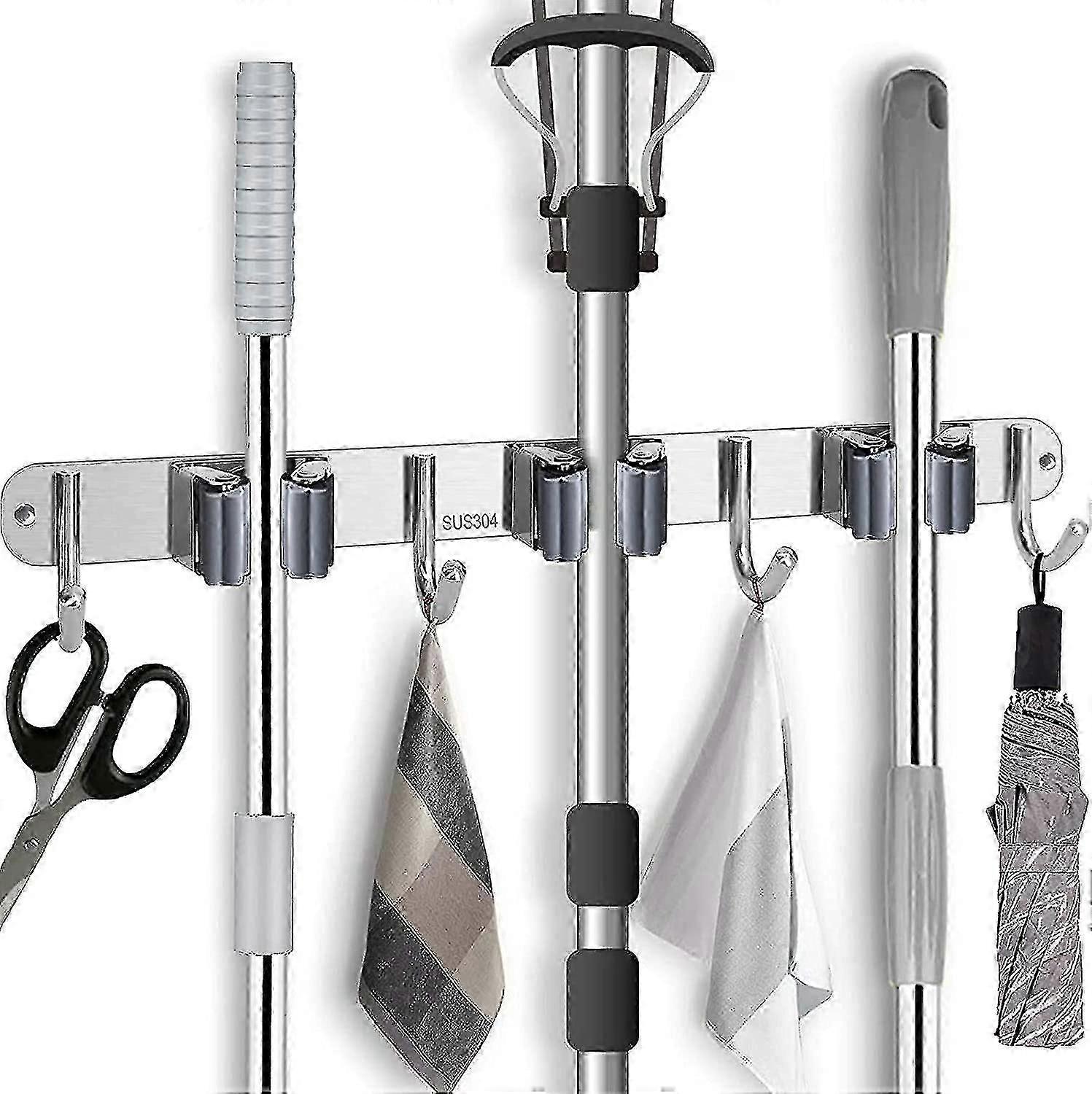 Mop Broom Holder Wall Mounted,stainless Steel Self-adhesive Bracket Tool(3 Racks 4 Hooks) (4-d-w)