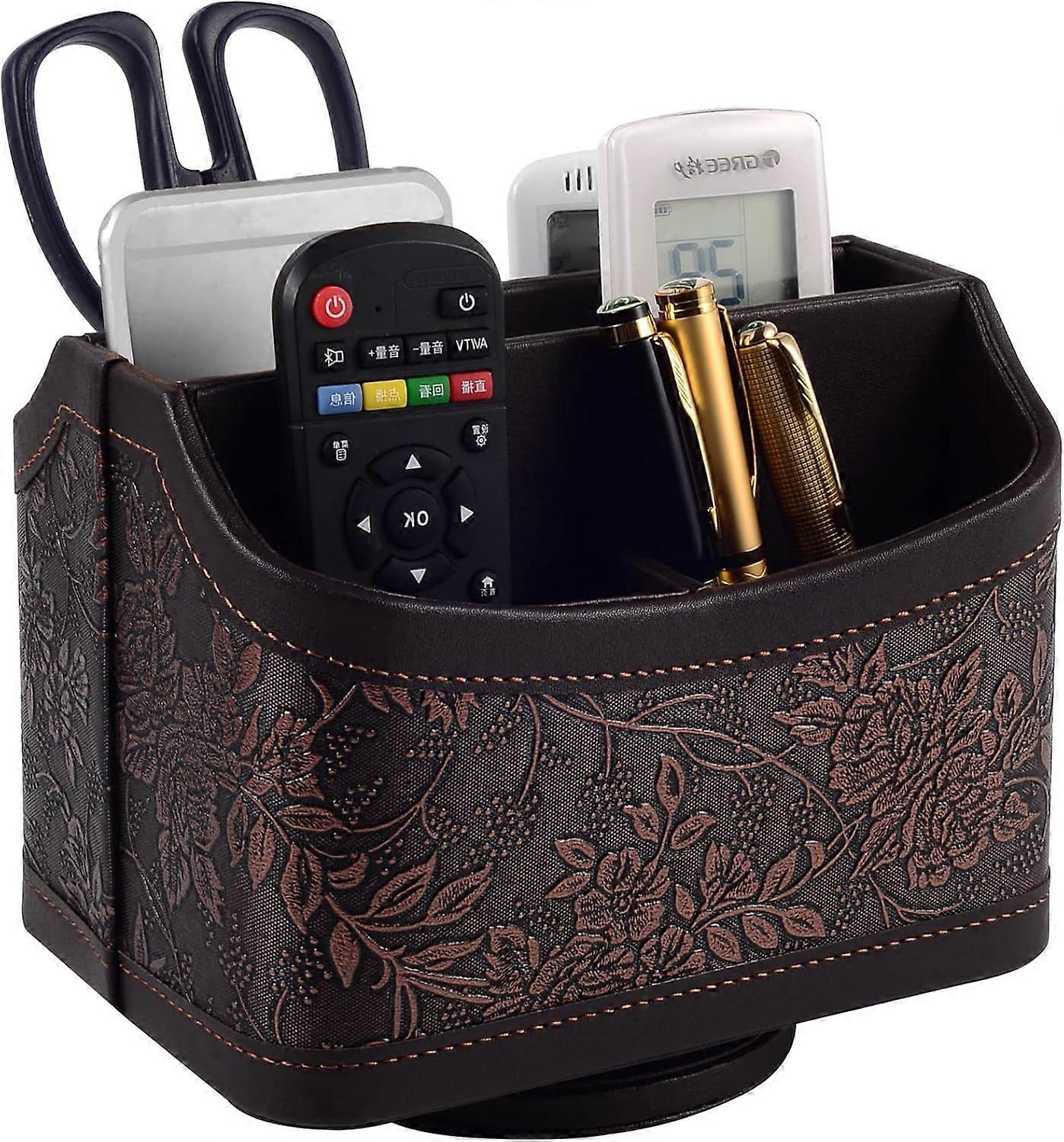 Antique Leather Remote Control Holder 360 Degree Rotating Desk Rotating Organizer