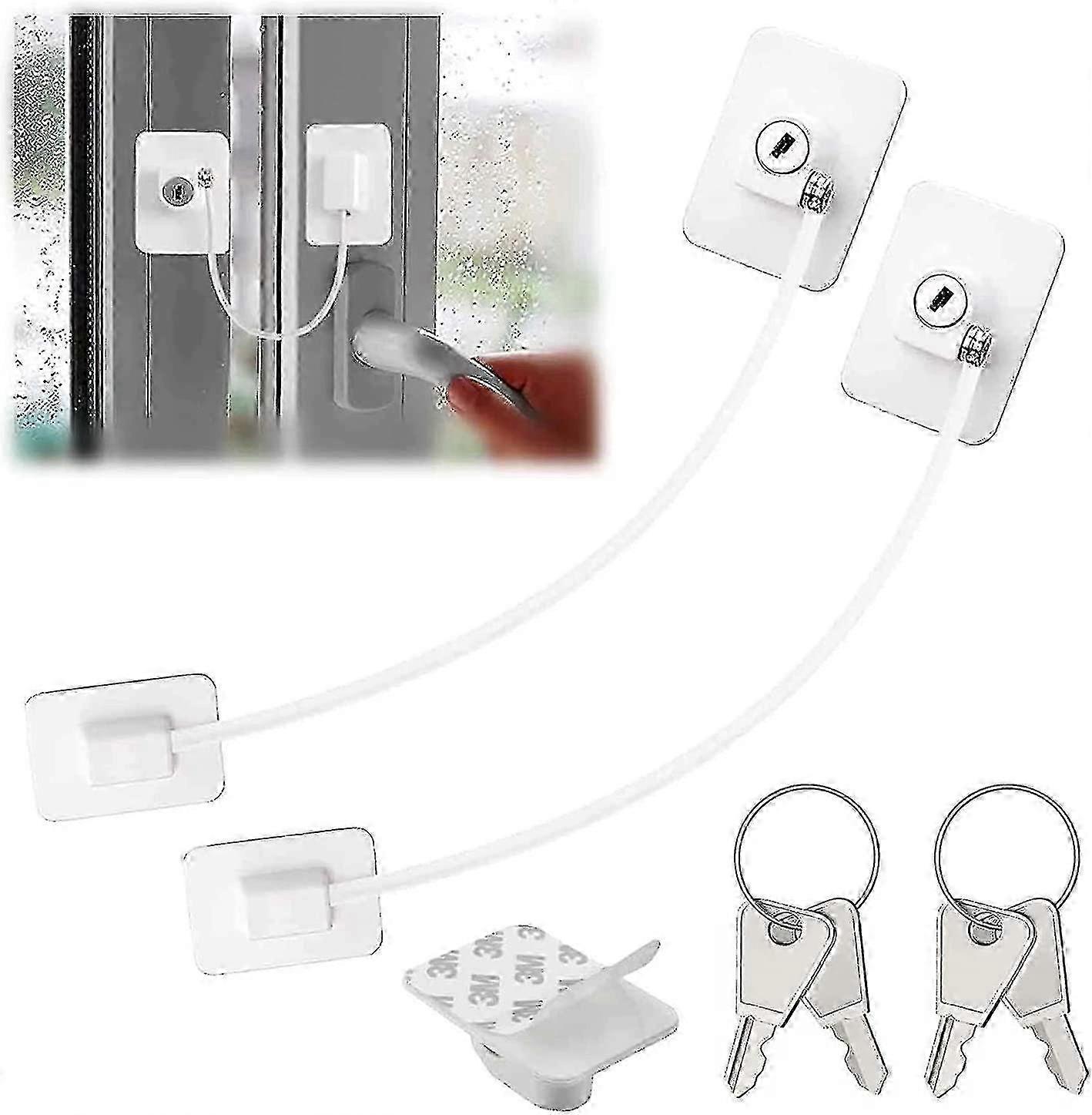 2pcs Window Restrictor Locks, Self Adhesive Child Safety Security Wire Catch With Keys - White
