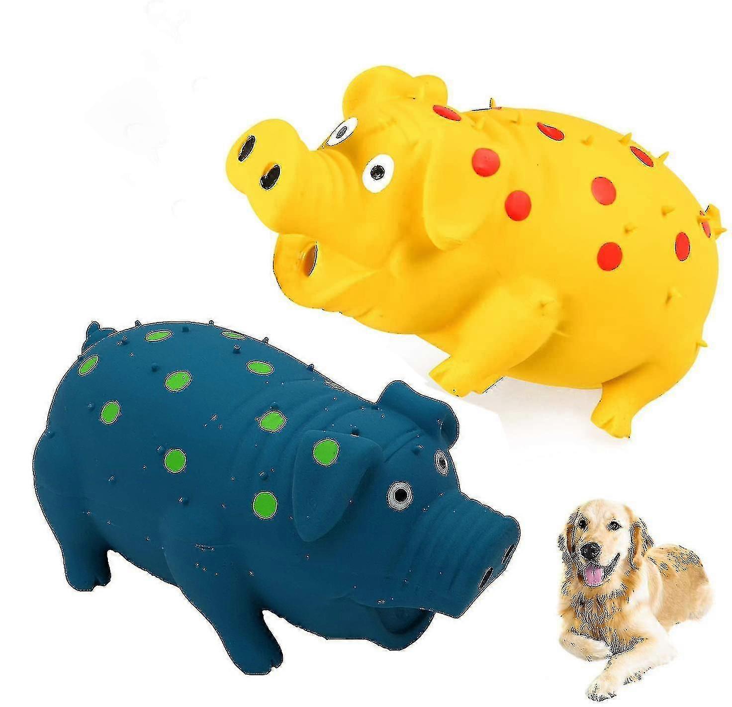 Durable Squeaky Pig Dog Toys Suitable for Small, Medium, and Large Breeds, 2-Piece Rubber Squeaker Dog Chew Toys in Yellow and Blue with Key