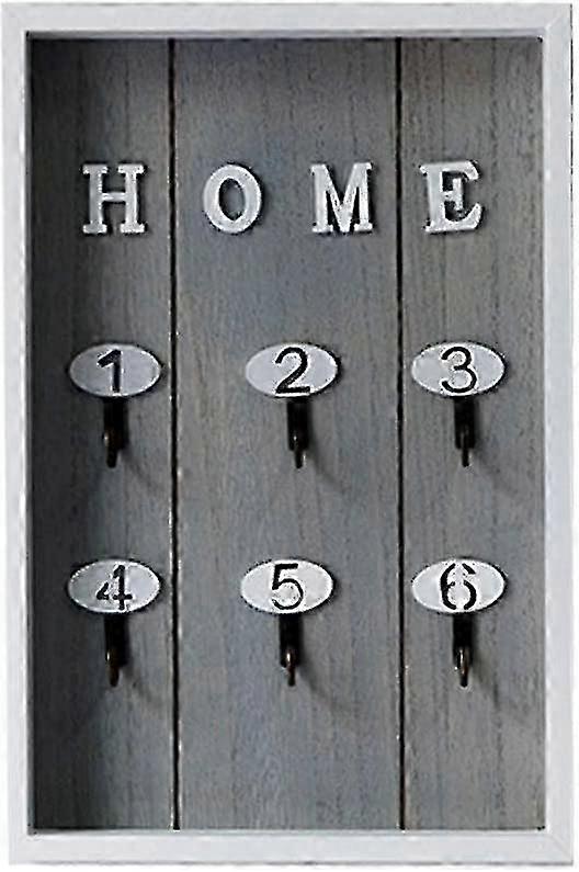 Wooden Wall Key Box With 6 Hanging Hooks For Keys Gray