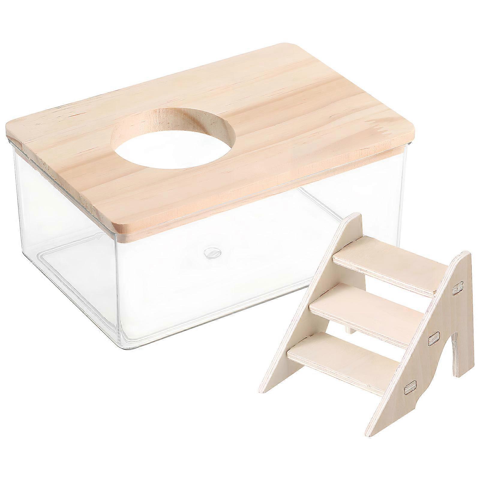 Transparent Hamster Dust Bath Box with Ladder and Ventilated Lid – Spill Resistant Small Pet Litter Container for Natural Digging, Bathing, and