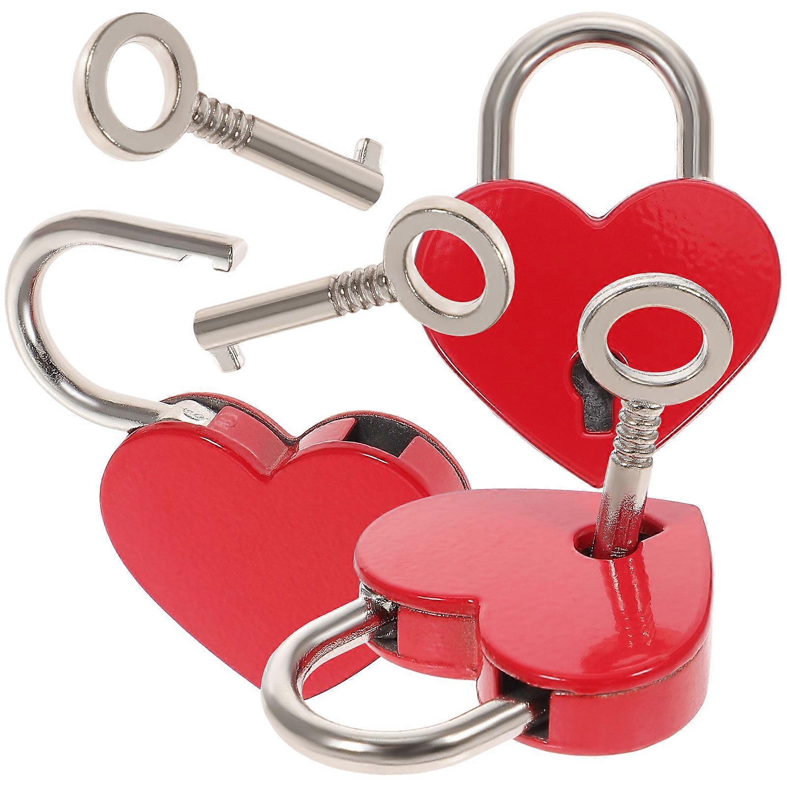Heart Shaped Love Padlock Keyed Mini Locks For Handbag Storage Box Couple Use 3 Sets Red Zinc Alloy Decoration