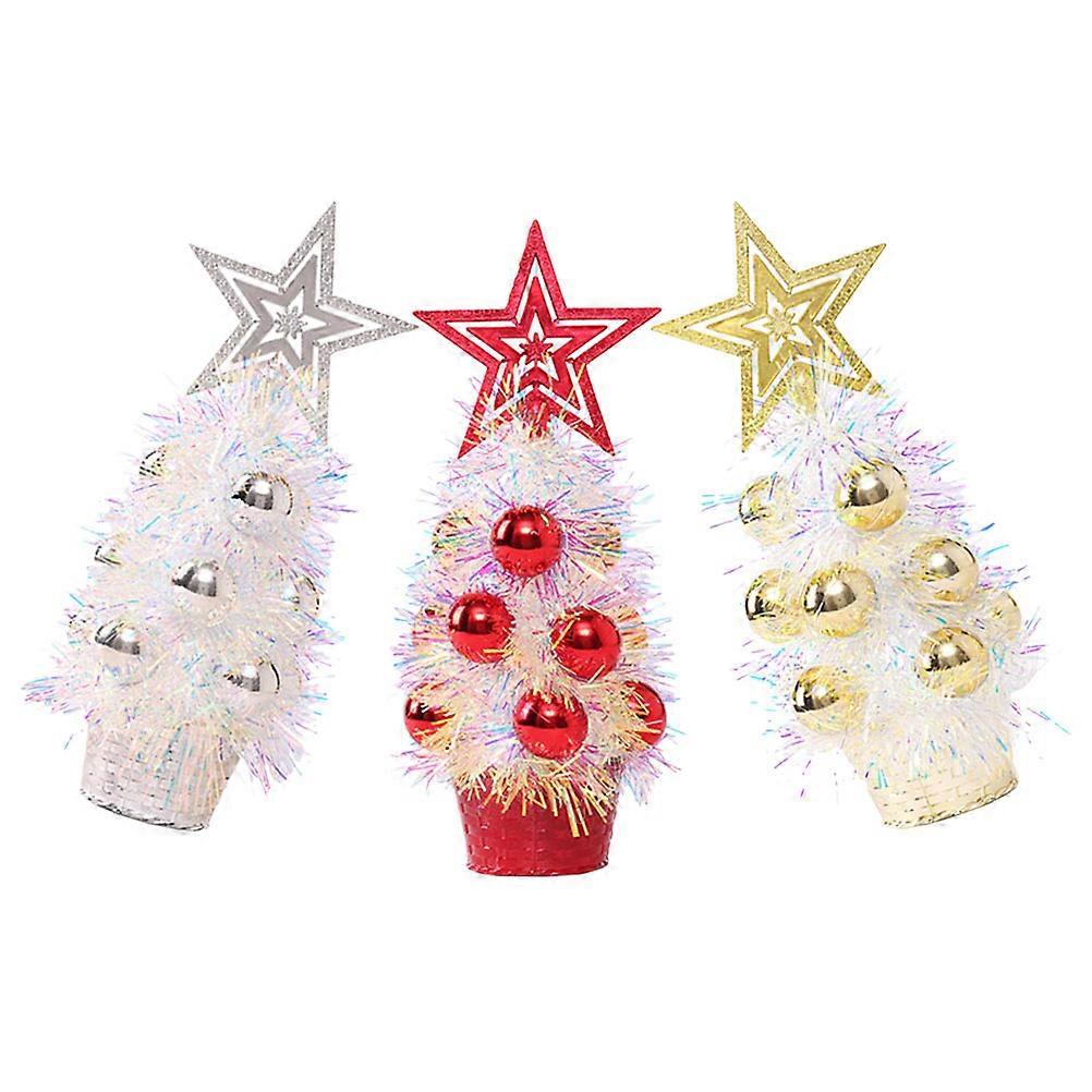 3pcs Mini Artificial Christmas Trees for Desktop, Simulated White Red Gold Xmas Tree Ornaments for Party & Dollhouse Decoration