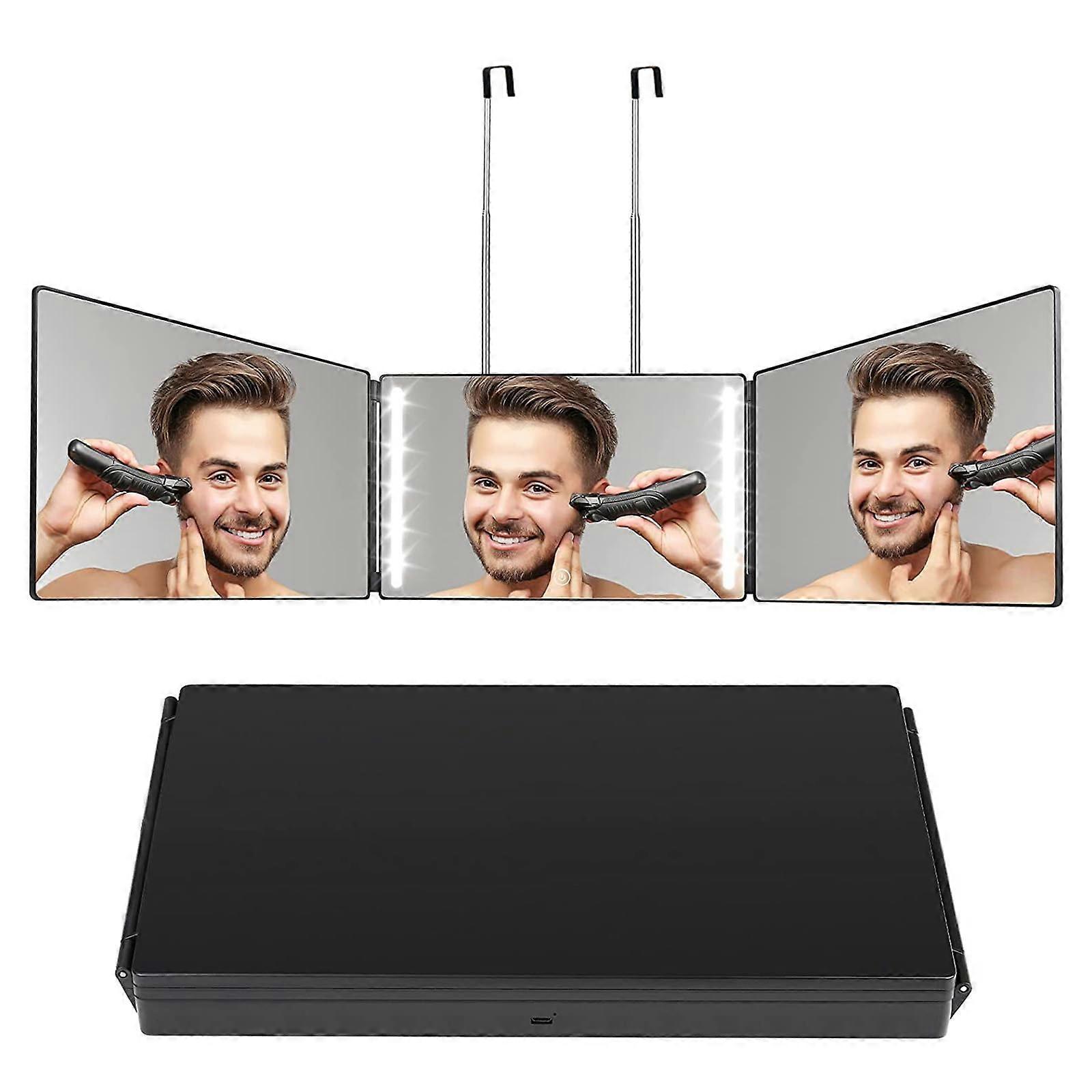 3 Way Mirror With LED Lights, 360 Degree Hanging Mirror For Self Hair Cutting, USB Powered, Black