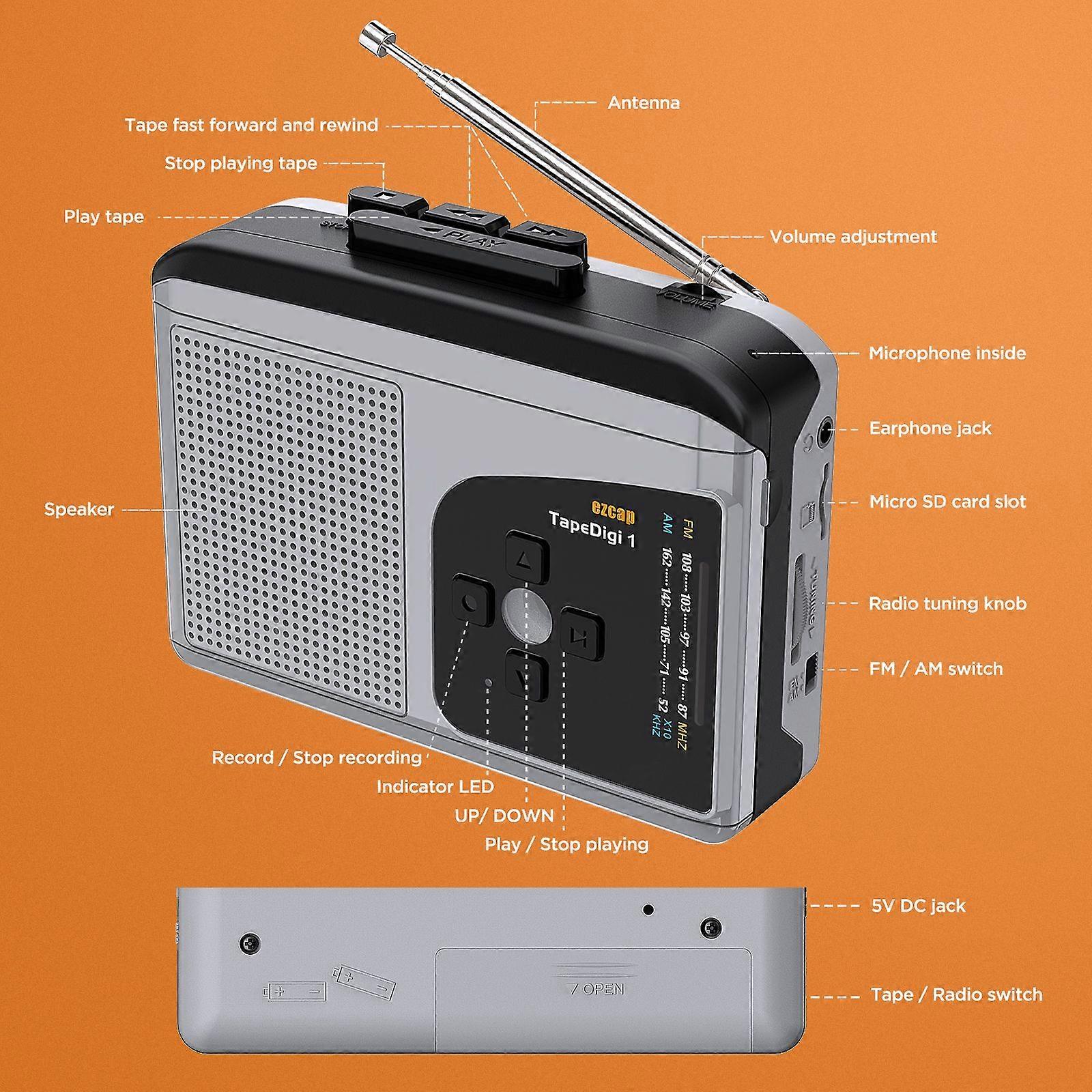 ezcap234 Cassette Tape Player Portable AM FM Radio Cassette Tape-to-MP3 Converter Sound Recorder Built-in Speaker w/ Headphone Jack