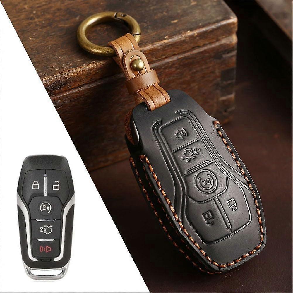 Car Key Cover for Ford Models, Black Cowhide Design for 5 Keys, Durable Protection and Enhanced Key Identification
