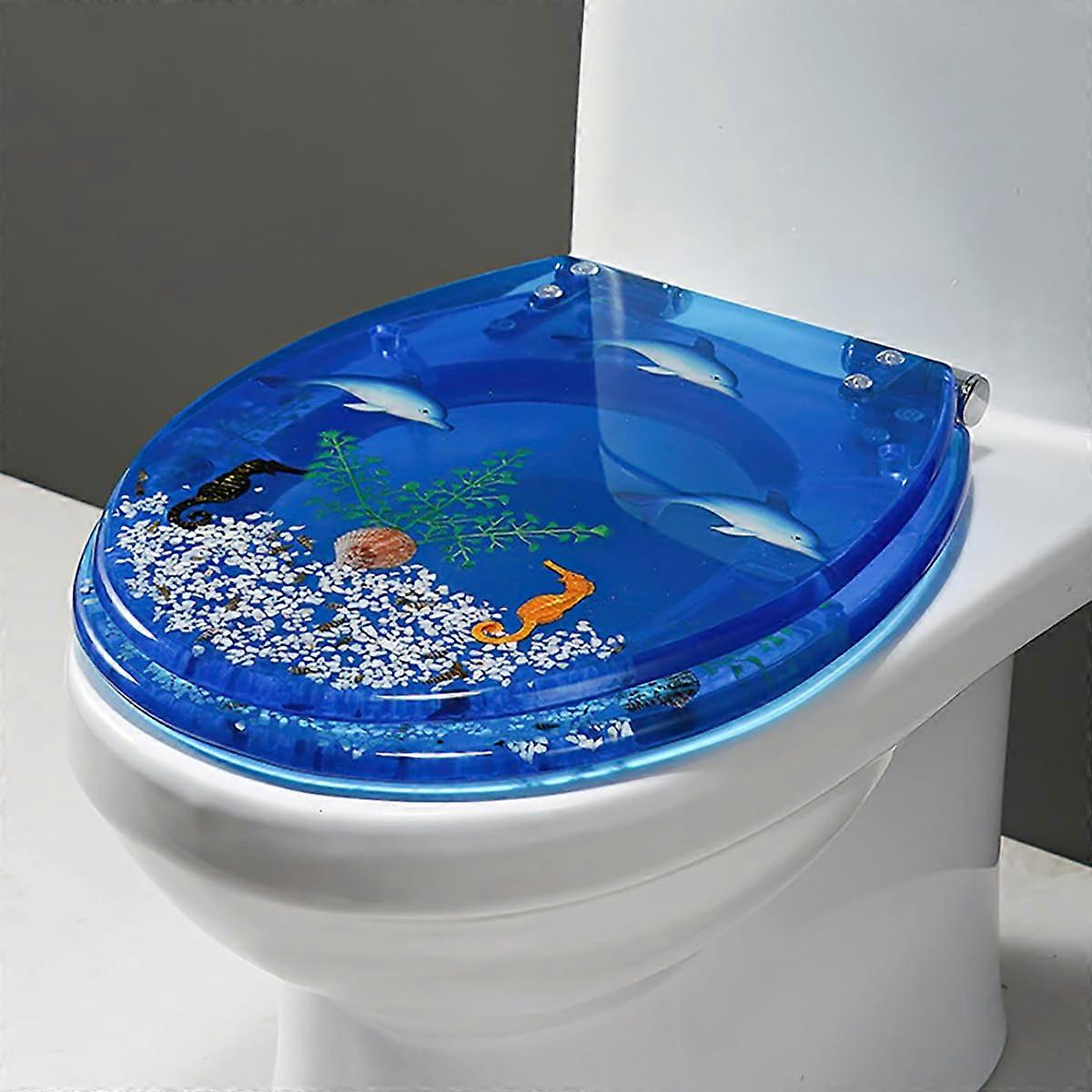 16.5' Resin Toilet Seat Round Quiet SoftClose Lid HeavyDuty Ocean Series 3D Decorative QuickRelease Hinges