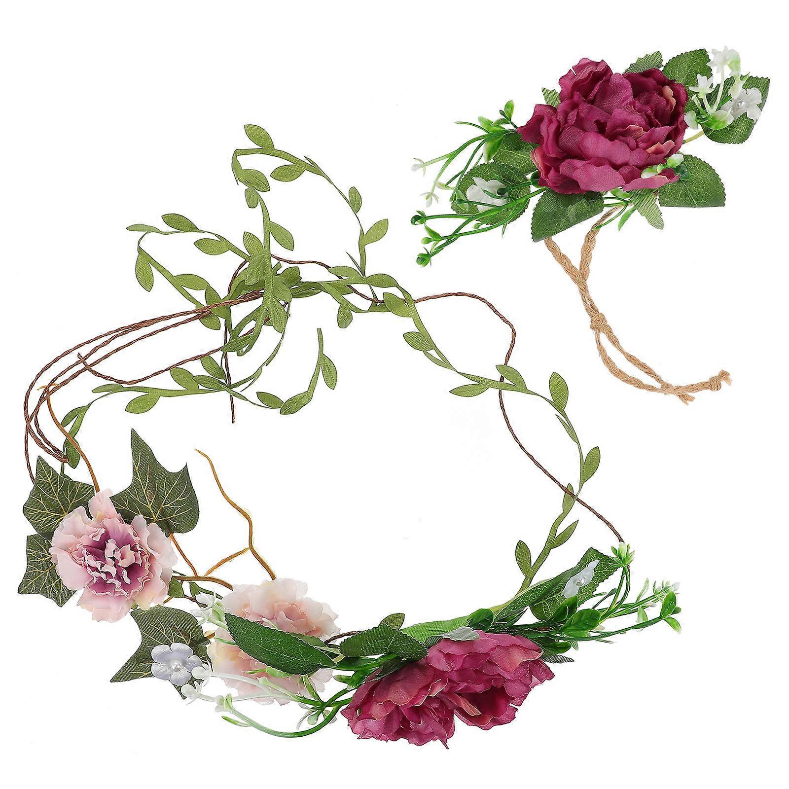 Pearl Head Garland Headpiece for Decoration 2Pcs Headband and Wrist Band Set