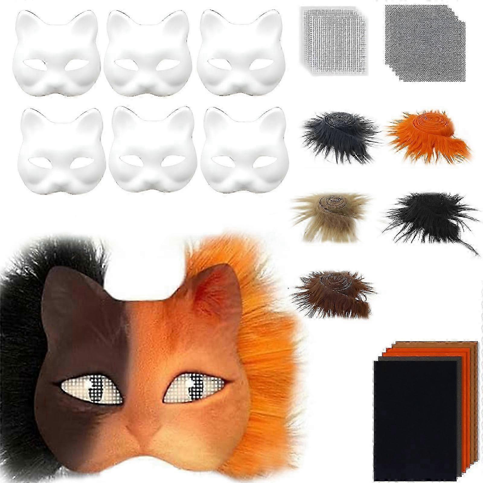 TheriansマスクセットDIY毛皮のような動物マスクハロウィンコスプレ用-毛皮付きキツネ猫マスク、アイメッシュ、フェルトシート