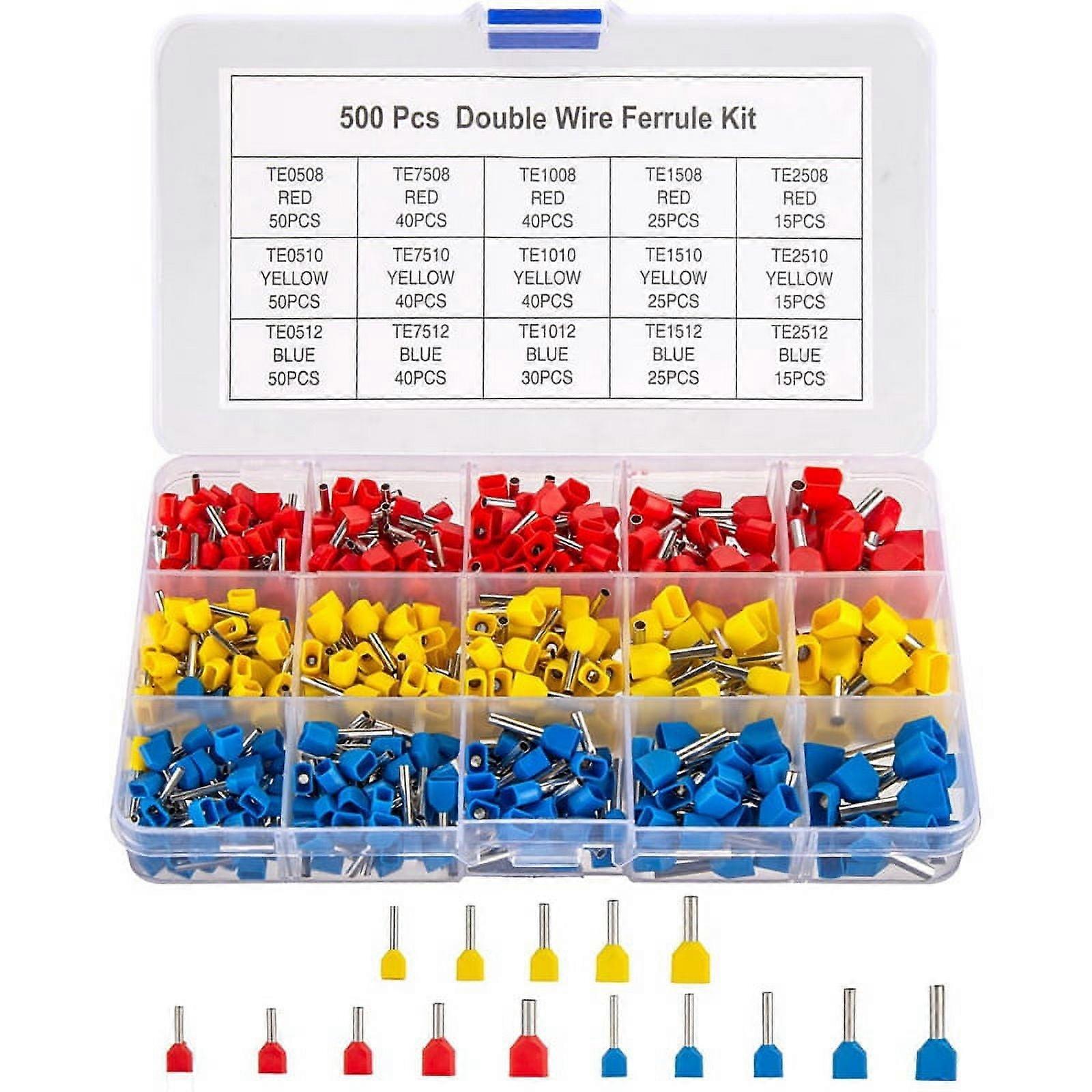 Double Wire Ferrules Kit, 500Pcs Wire Ferrule Terminals, Insulated Ferrule Crimp Pin Terminals, Cord Pin End Terminal