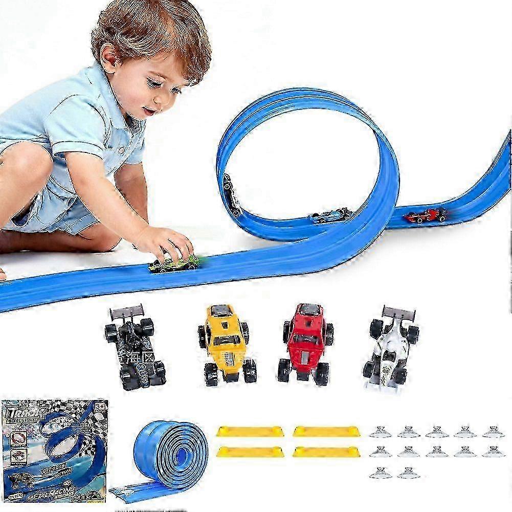 Flexible Race Car Track for Kids Toy, Rolls Up Portable Flex Track Racetrack with Suction Cups & 4 Wheels, Compatible with 1:64 Cars T
