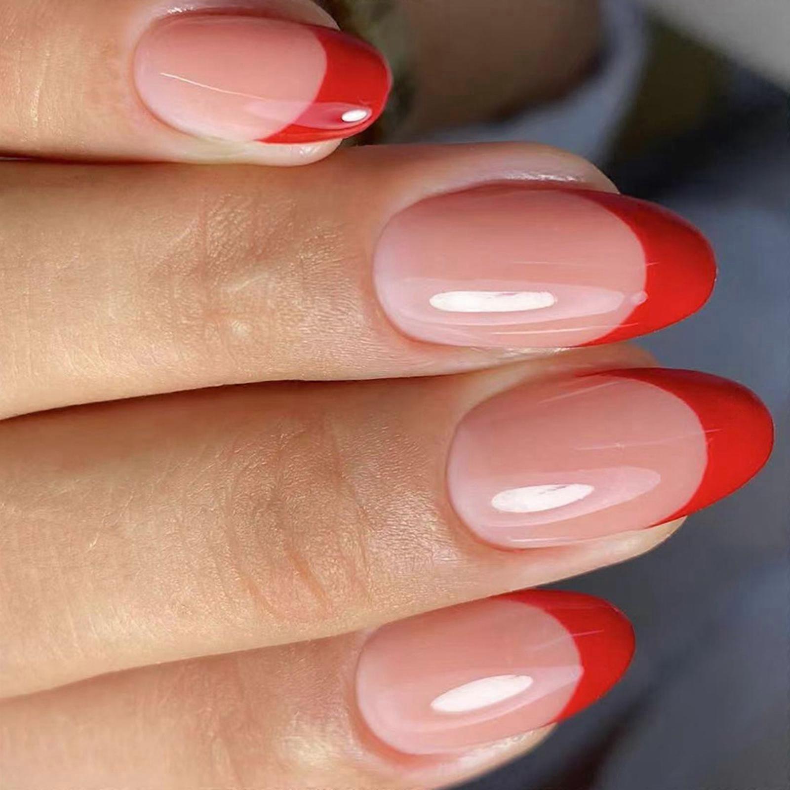 French Style Press On Nail 24Pcs Glossys Red Holiday Design Short Almond Shape Sparkles Easy Application Multicolor