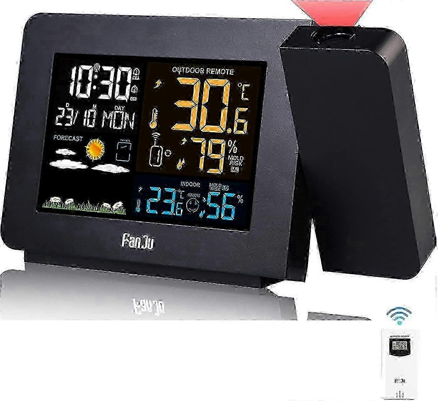 Wireless Thermometer Hygrometer Weather Station with Sensor, Projection Weather Clock, Indoor/Outdoor Thermometer with RCC Radio Control, Dual Al