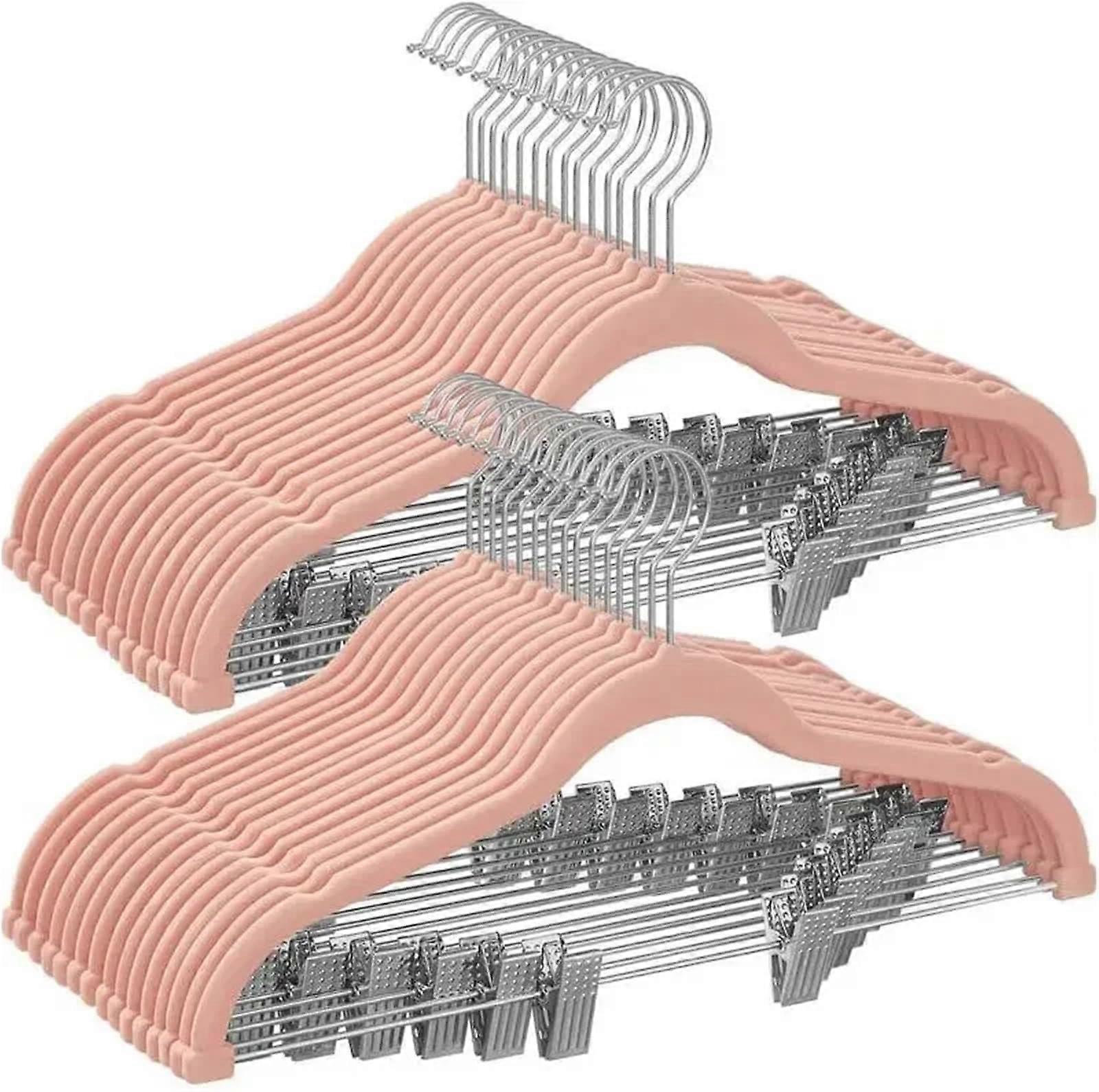 Velvet Pants Hangers with NonSlip Clips for Clothes Display and Drying Rack, Pink, Set of 10