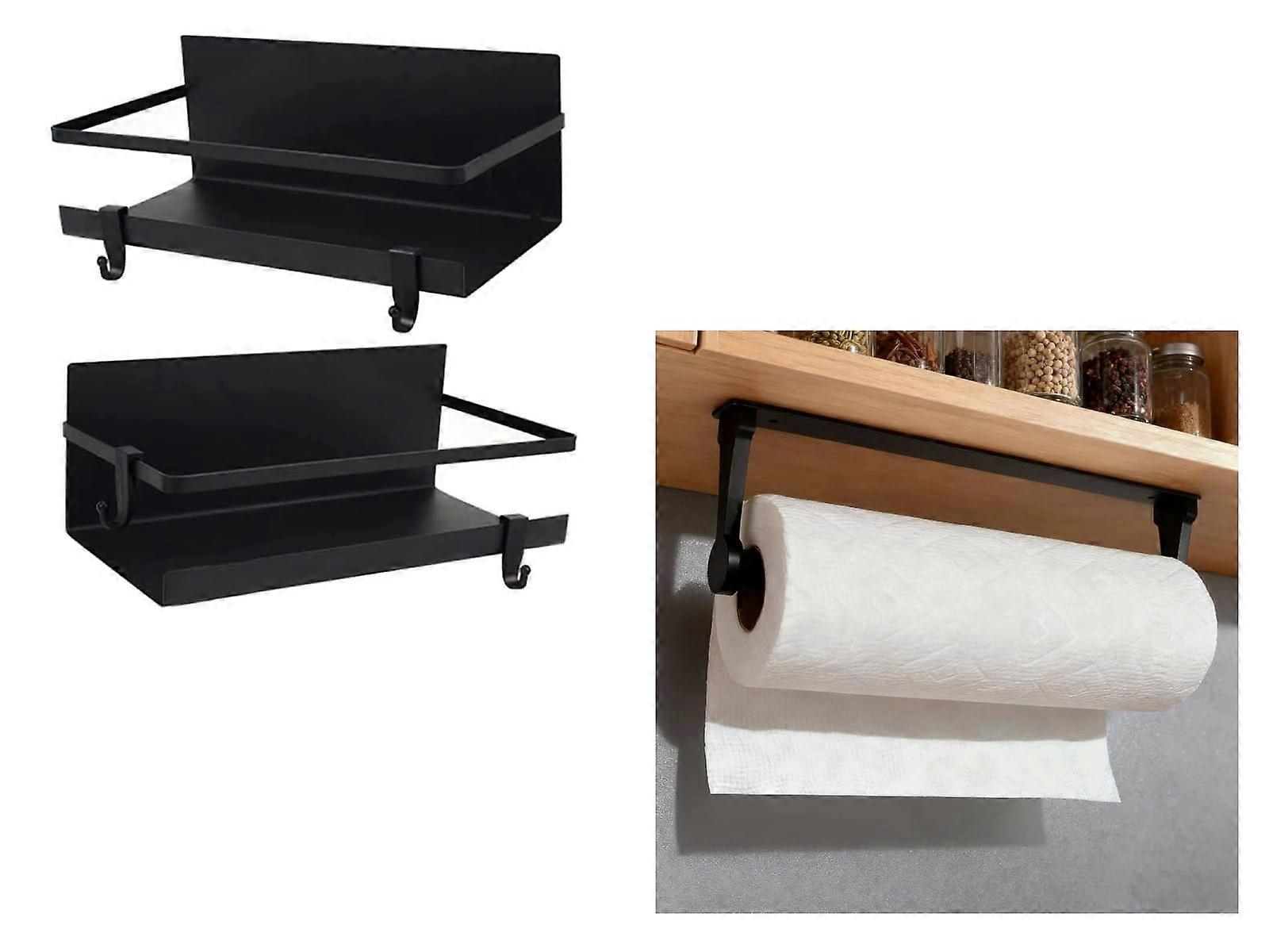 Magnetic Paper Towel Holder with Telescopic Rod and Spice Rack Organizer for Refrigerator, Black 2 Pack