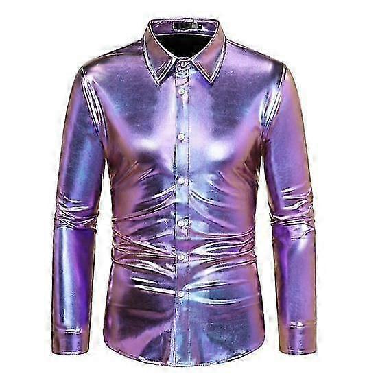 Shiny Sequin Shirt for Men with Golden Metallic Finish and Lapel Collar