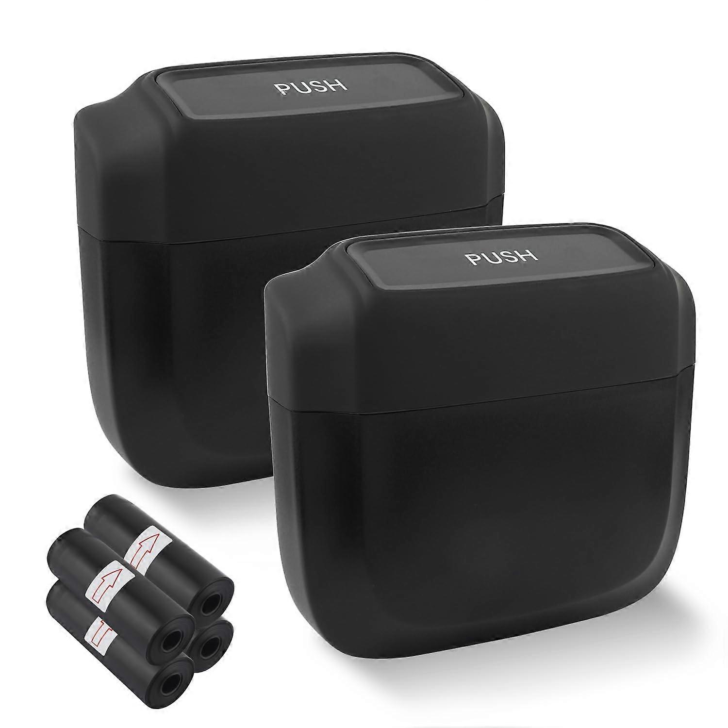 2PCS Car Trash Can with Lid and Bags, Compact Garbage Bin with Hooks for Door Seat Console Black