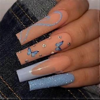 24pcs Long Square Press On Nails Set Sparkly Blue Butterfly Fake Nail Tips for Women Girls