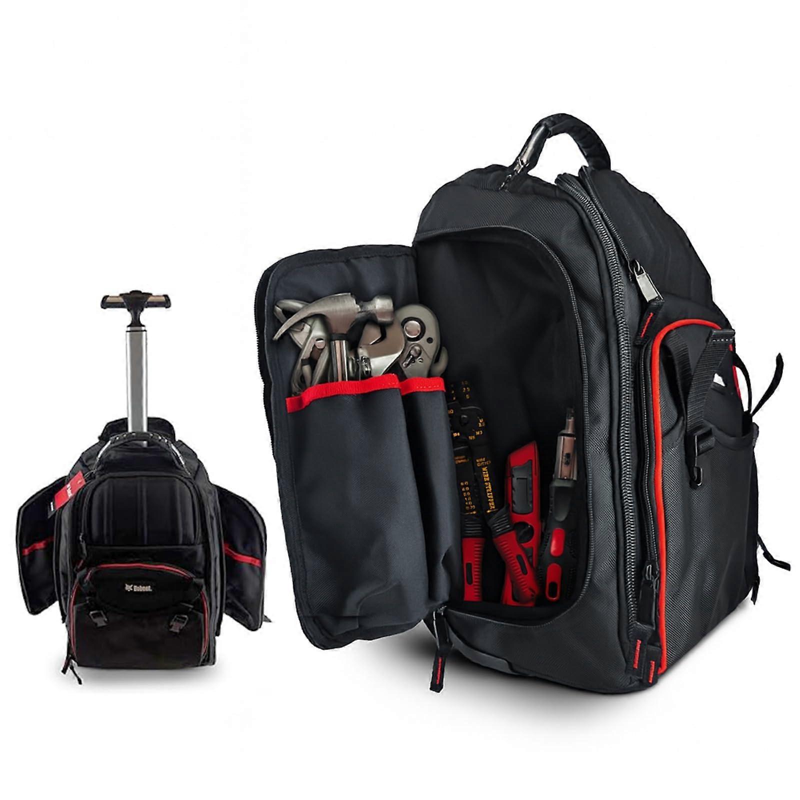 Heavy Duty Rolling Tool Bag and Backpack with Wheels, MultiCompartment Storage, Black/Red