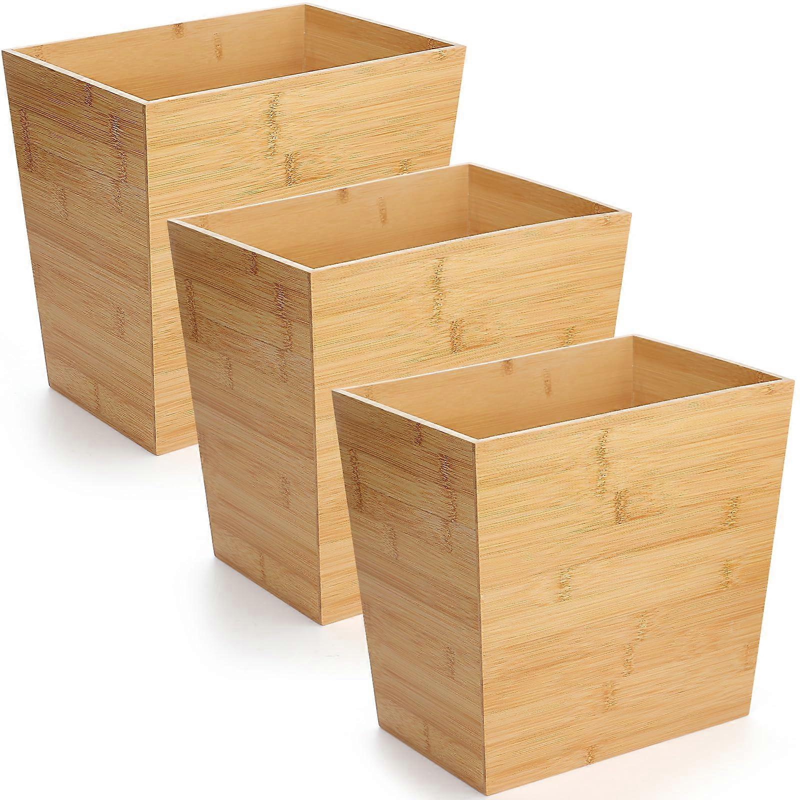 Bamboo Waste Basket Set of 3, SpaceSaving Rectangular Trash Can for Bathroom, Kitchen, Office