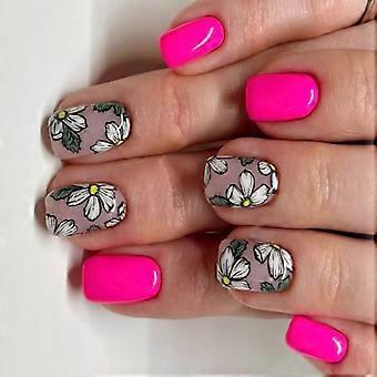 Short Square Press On Nails with Elegant Floral Design, 24pcs Glossy False Nails for Quick Manicure