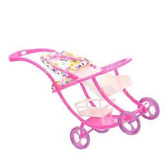 Carrinho de boneca infantil para decoração, em tecido plástico rosa.