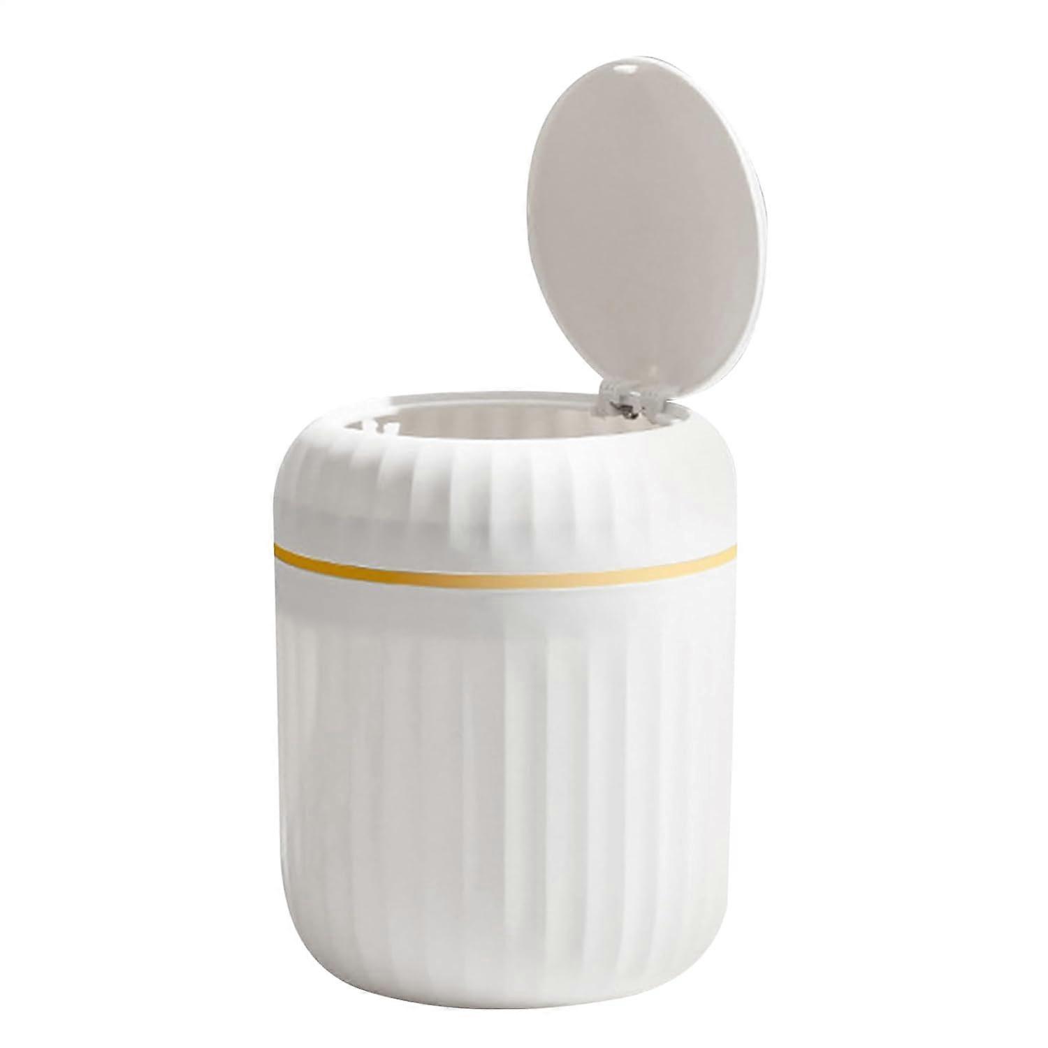 Small desktop trash can with reusable plastic lid