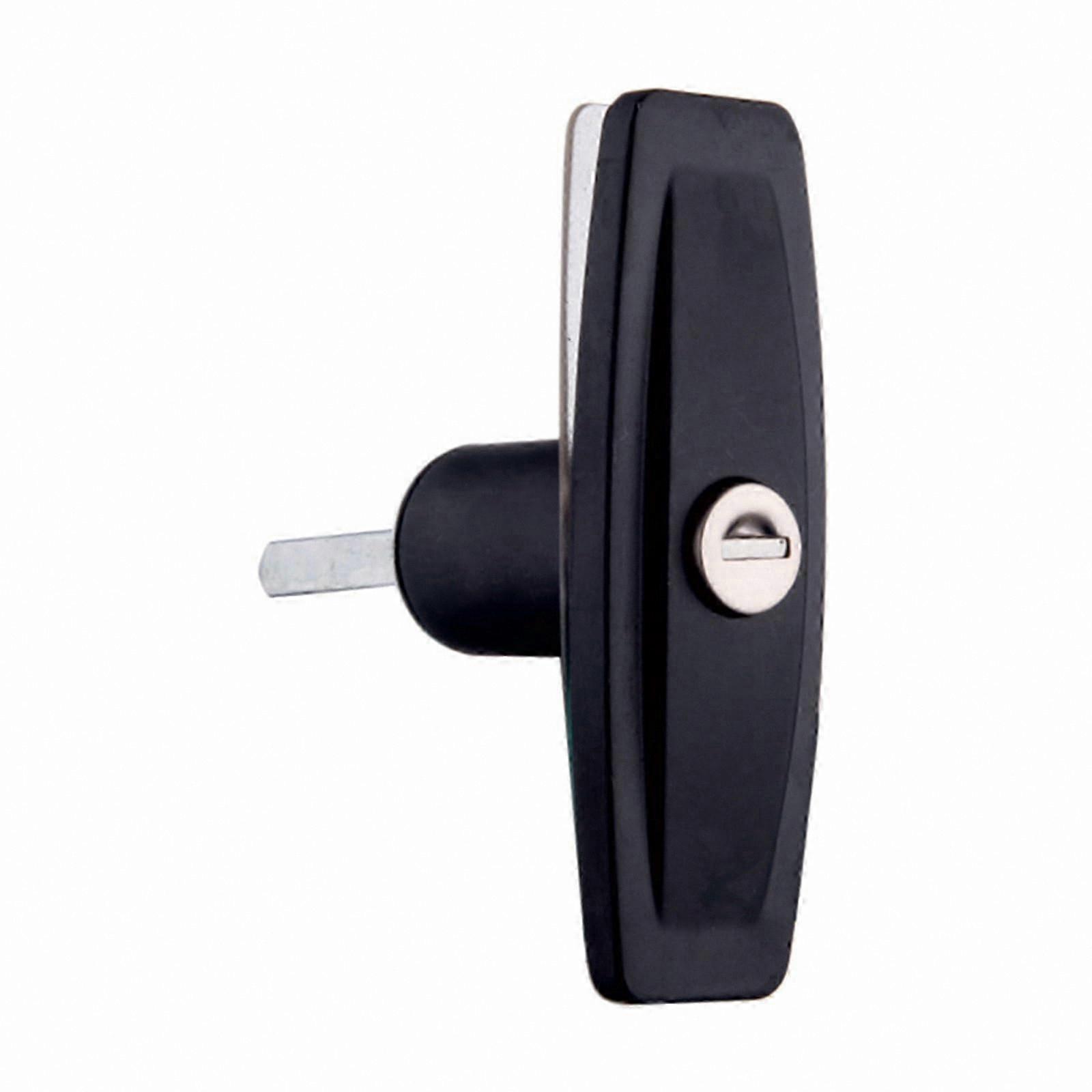 Clockwise pop-out T-handle lock, black, with weatherproof washer, threadless, suitable for RV toolboxes.