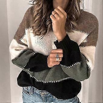 Winter Knitted Long Sleeve Pullover Striped Sweater Women Plus Size Casual Contrasting Round Neck Loose Casual Fashion Tops Warm Ladies Tops Clothes