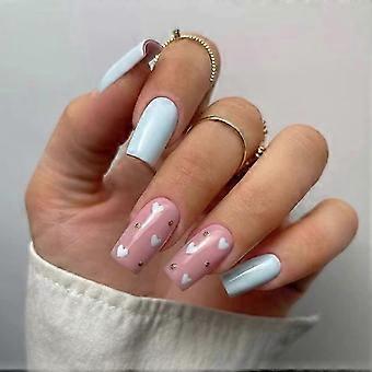 Blue Heart Press On Nails Square Acrylic Fake Nails for Valentine's Day with Glue 24 PCS