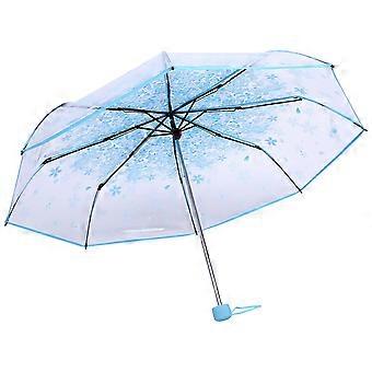 Clear Umbrella with Sakura Pattern, Compact Transparent Folding Umbrella for Women, Blue Durable Handle